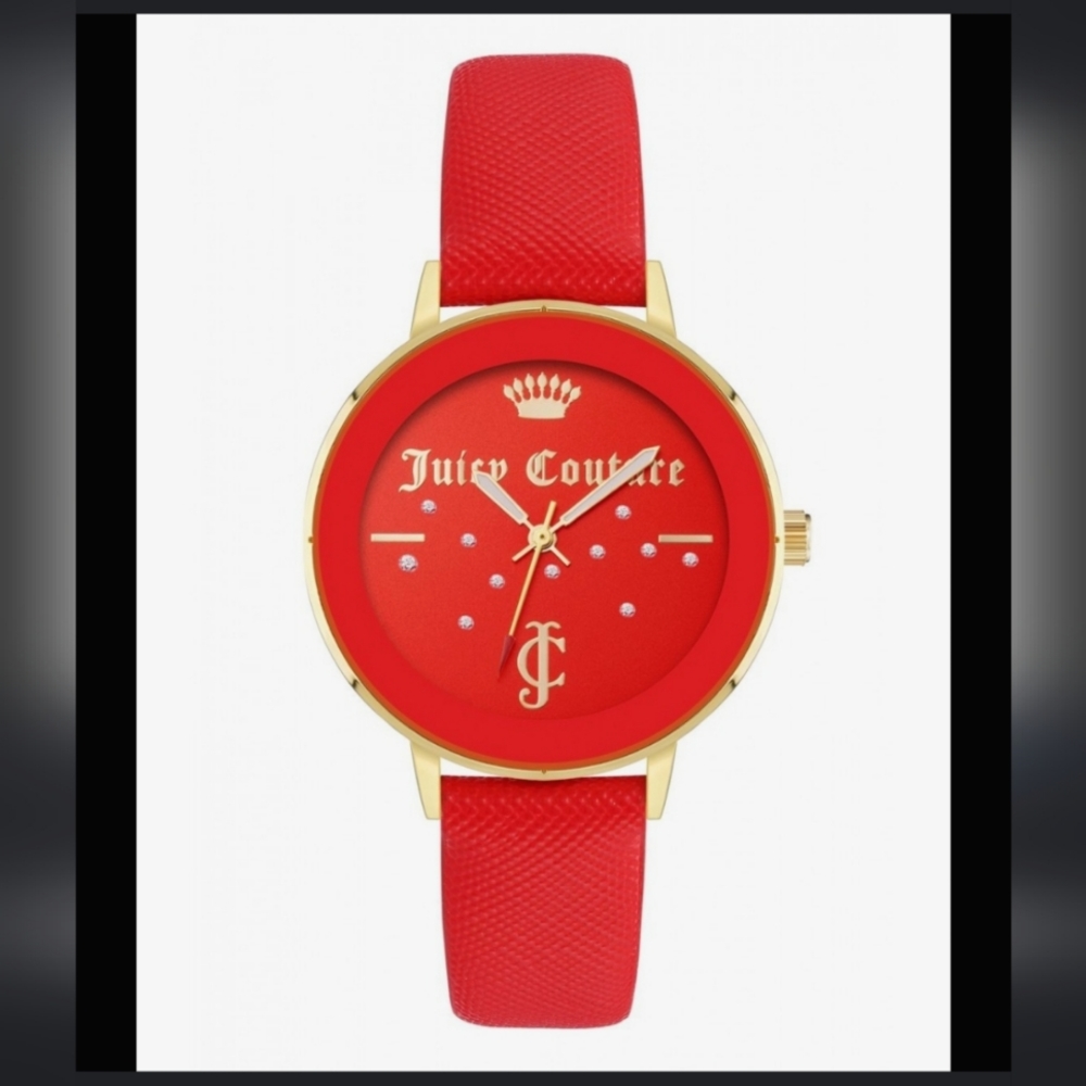 NEW NIB Juicy Couture Wrist Watch Black Label Red Goldtone Rhinestones
